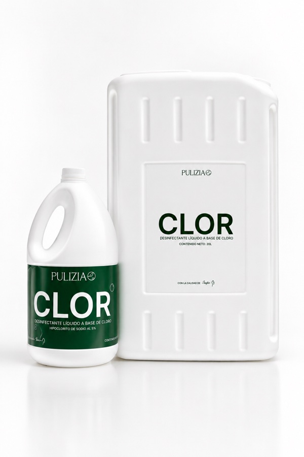 CLOR — Desinfectante líquido a base de cloro Pulizia, presentación botella y caneca